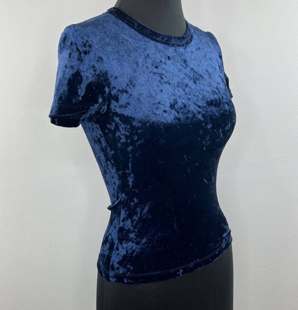 Intimately Free People Navy Blue Crushed Velvet Crew Neck Short Sleeve Top Sz S